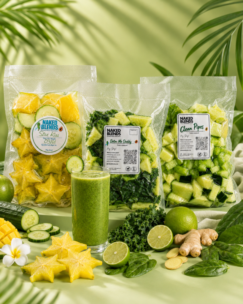 Detox smoothies Playa del Carmen – Naked Blends fresh green smoothie packs Star Kiss Detox Me Daddy and Clean Pipes for Riviera Maya wellness